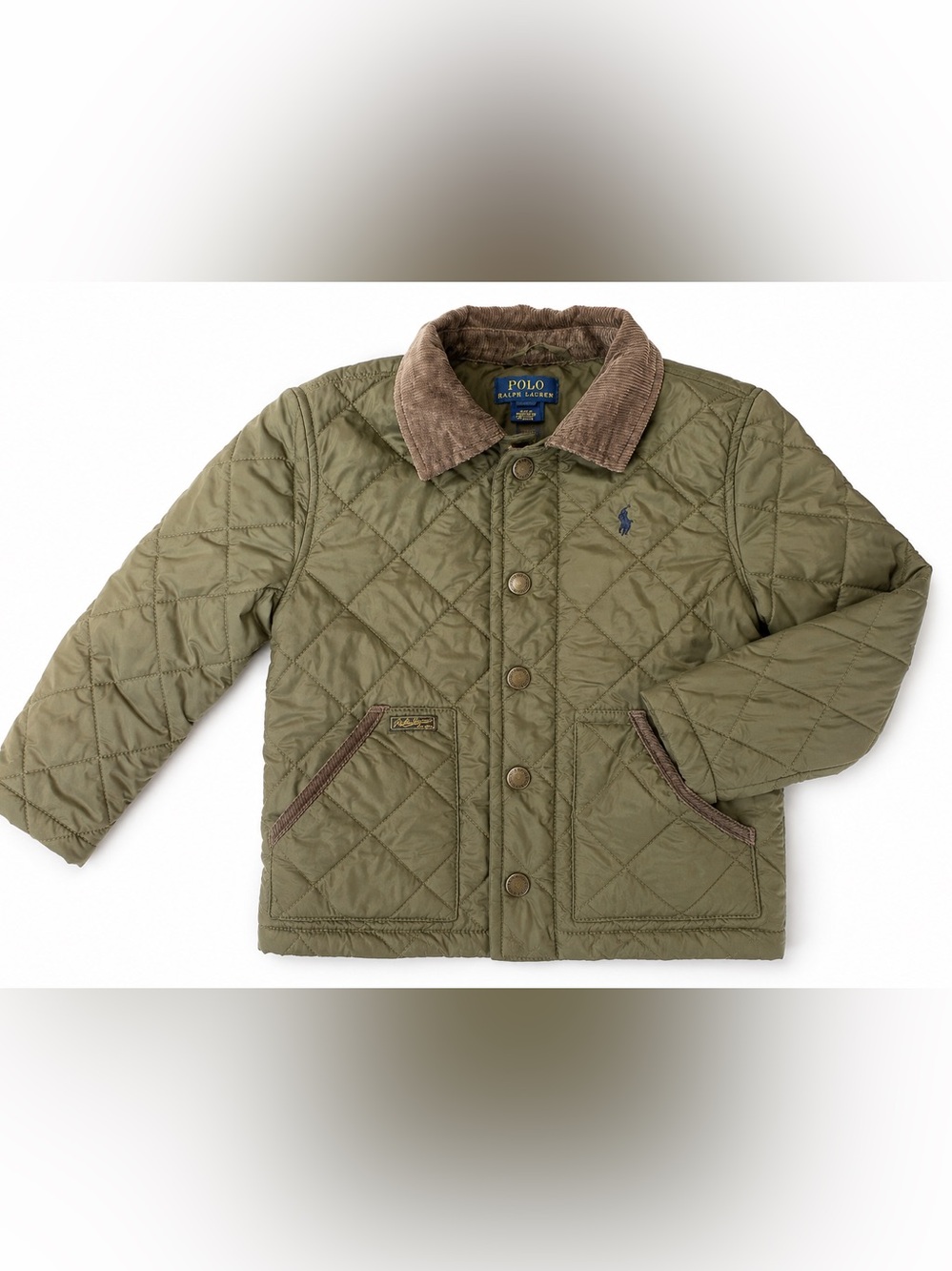 Polo Ralph Lauren Boys Quilted Jacket Olive Green Brown Corduroy Collar Size 3/3